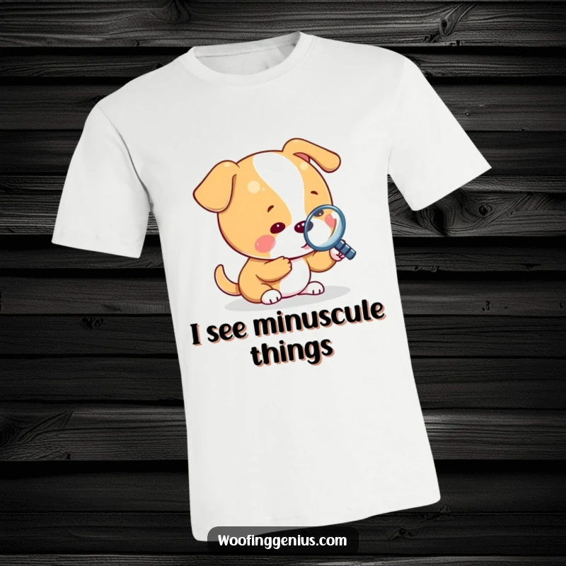 Funny t-shirt with a dog holding a magnifying glass, closely examining a minuscule object with a curious expression.