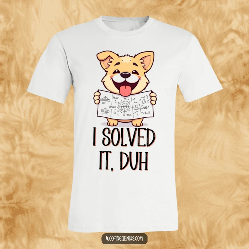 Funny dog t-shirt with a dog grinning triumphantly, holding a detailed and complex diagram. Celebrates intelligence.