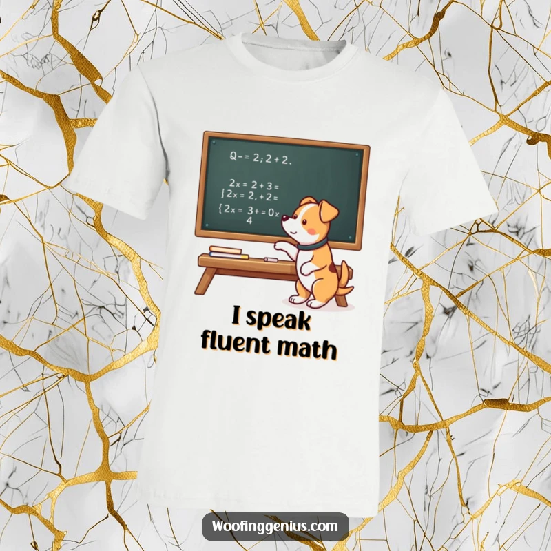 Funny t-shirt with a clever dog pointing to a confusing mathematical equation on a chalkboard, showcasing extreme intelligence.