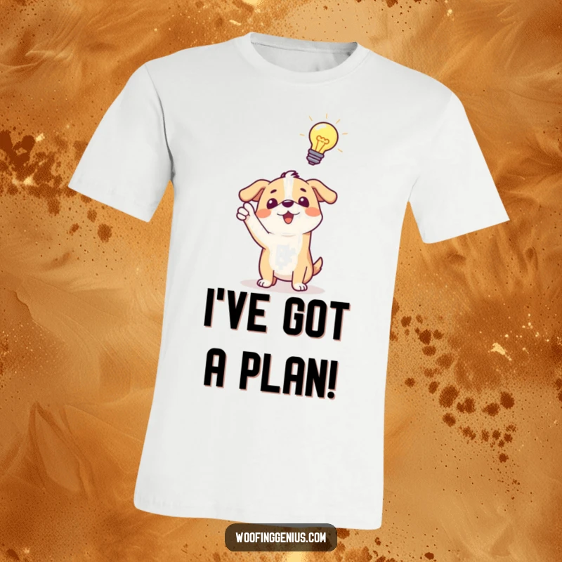 Funny t-shirt: an excited dog pointing towards a brightly lit lightbulb hovering above its head, signifying a great idea.