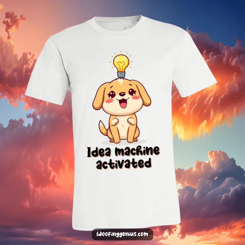 Funny dog t-shirt featuring a dog energetically explaining a bright idea with a lightbulb.