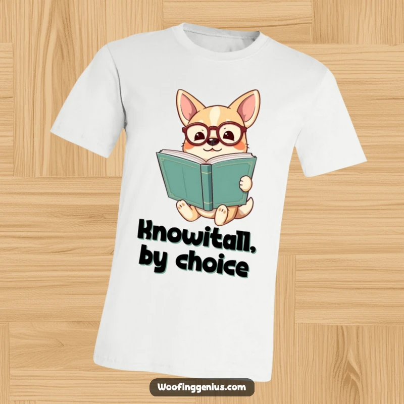 Funny dog wearing spectacles holding a huge ancient book, looking enlightened on a t-shirt, radiating intelligence.