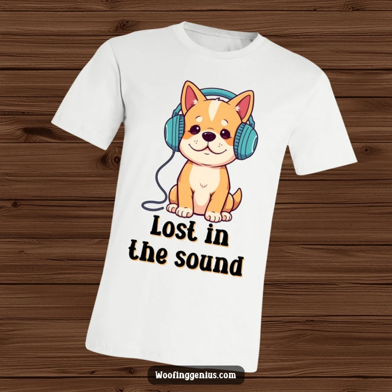Funny dog rocking out with headphones on, eyes closed, enjoying music, wearing a cool t-shirt.