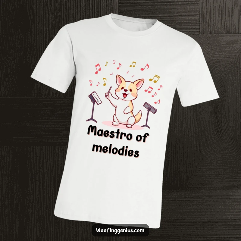 Funny t-shirt with a dog conducting an orchestra of musical notes, a playful maestro.