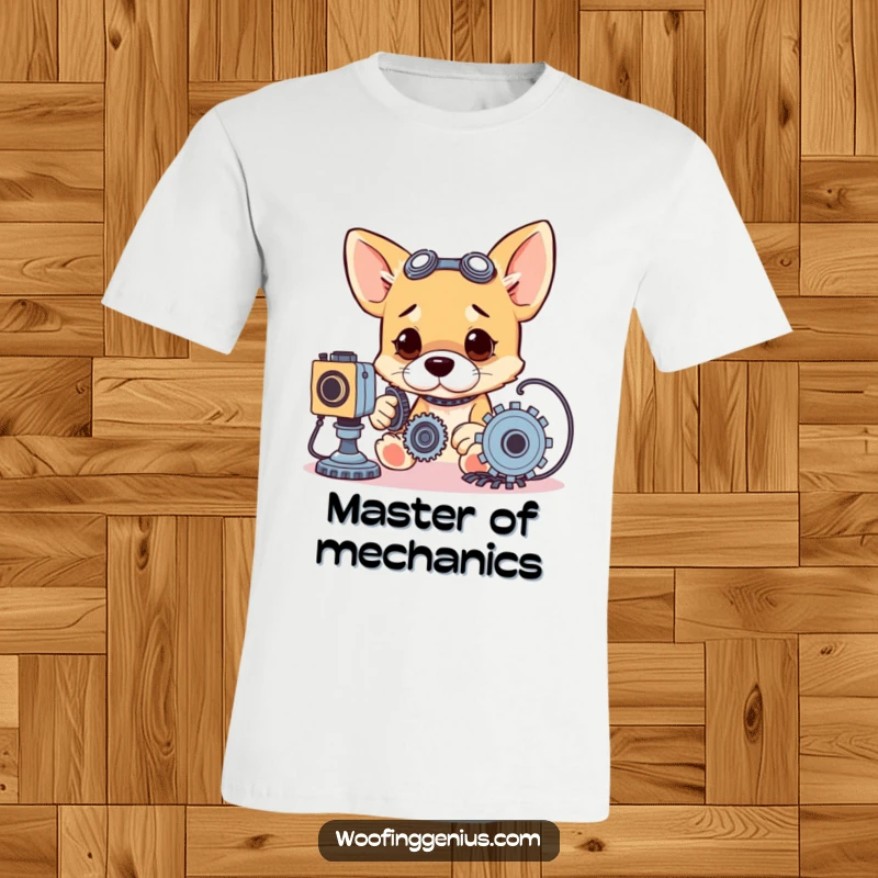 Funny t-shirt with a focused dog surrounded by gears and wires, a skilled canine inventor.
