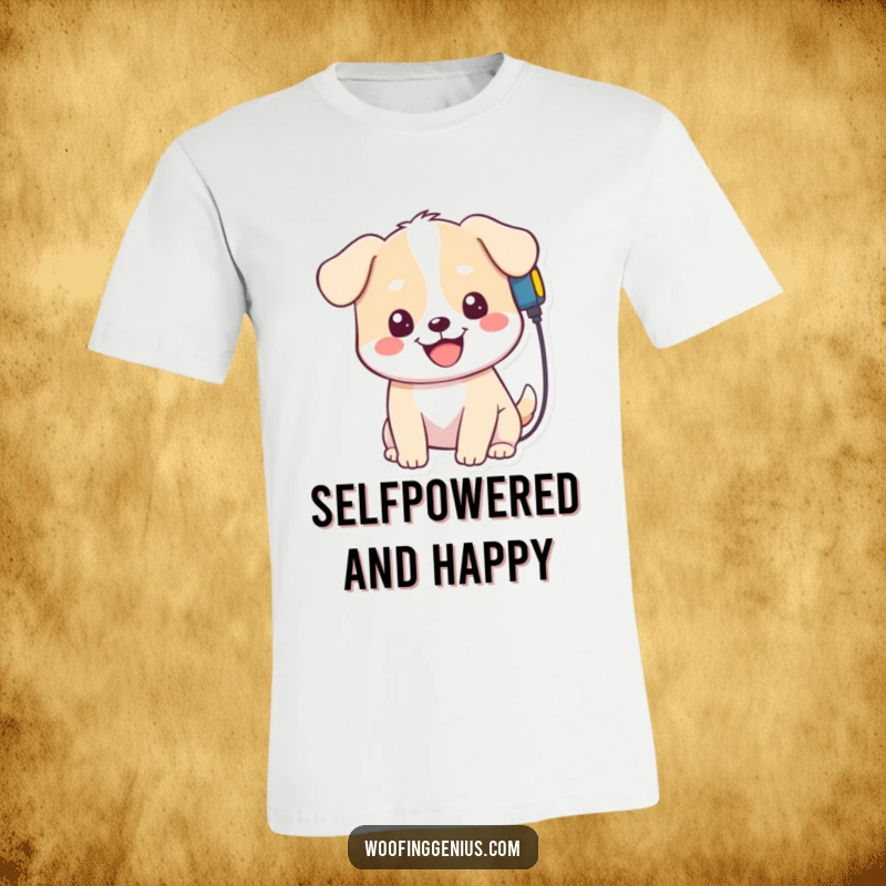 Funny Kawaii Dog T-Shirt: Cute dog smiling while plugging a charger into its head, showcasing its funny and relatable nature as a gift.