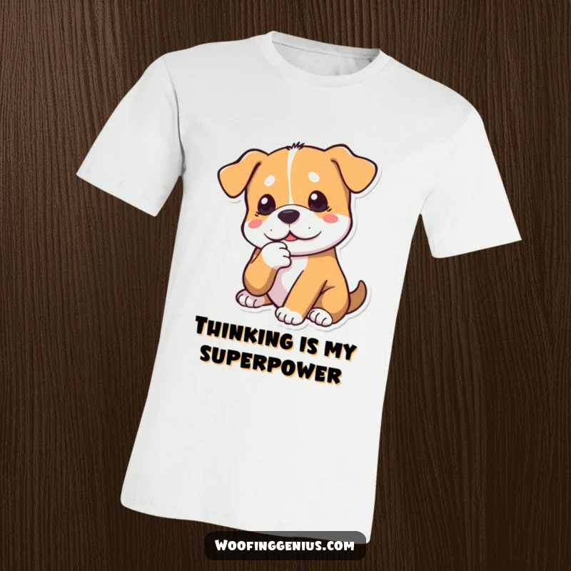 Funny dog t-shirt with a dog thoughtfully tapping its chin with a paw, conveying deep thought and contemplation.