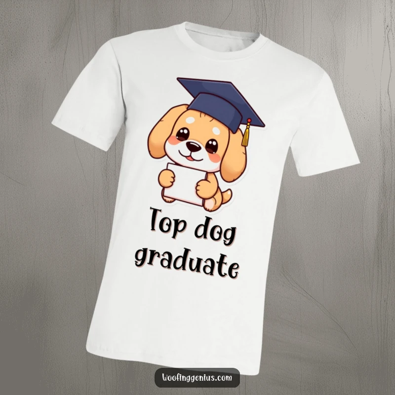Funny Graduation Dog T-Shirt showing a dog in a graduation cap with a diploma, looking smart.