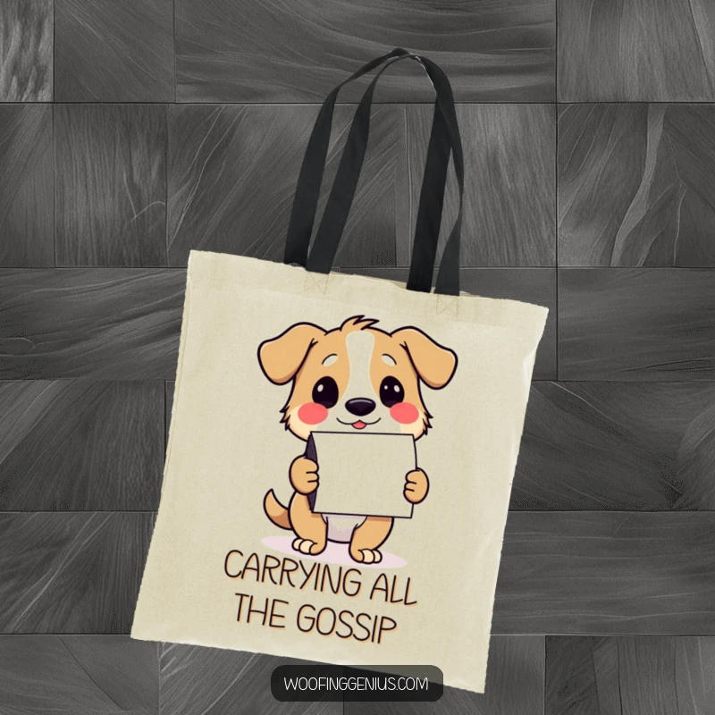 Funny dog tote bag featuring a winking dog presenting colorful notecards, ideal for carrying messages and joy.