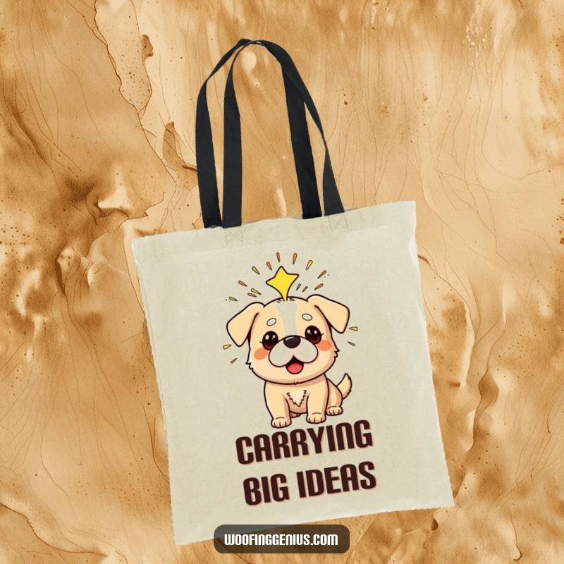 Funny tote bag with a dog having a Eureka moment, sparks flying from its head.