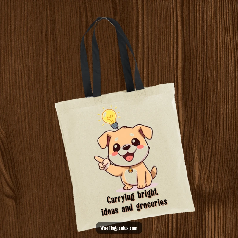 Funny dog with a lit lightbulb above its head, enthusiastically pointing with its paw, a tote bag for bright thinkers.