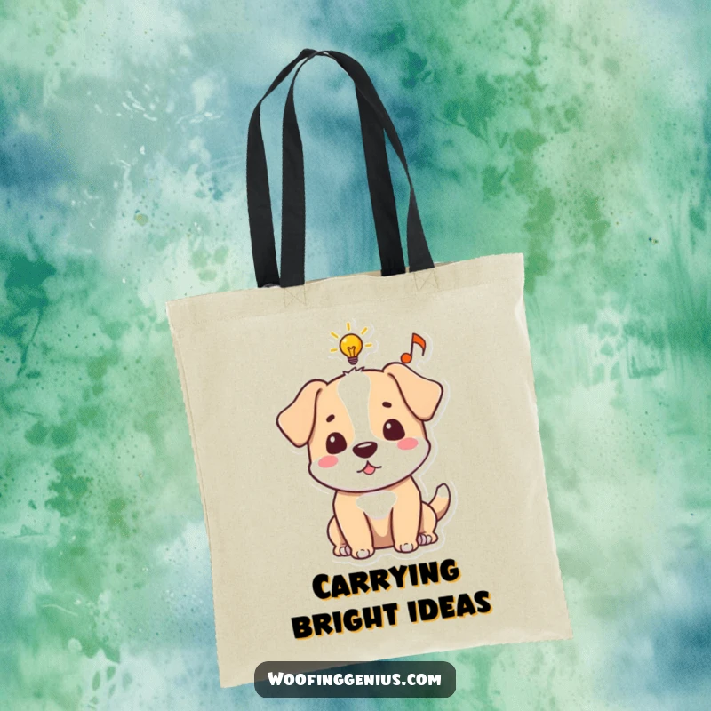 Funny dog tote bag with an idea bubble containing a lightbulb and musical note, symbolizing creative thought.