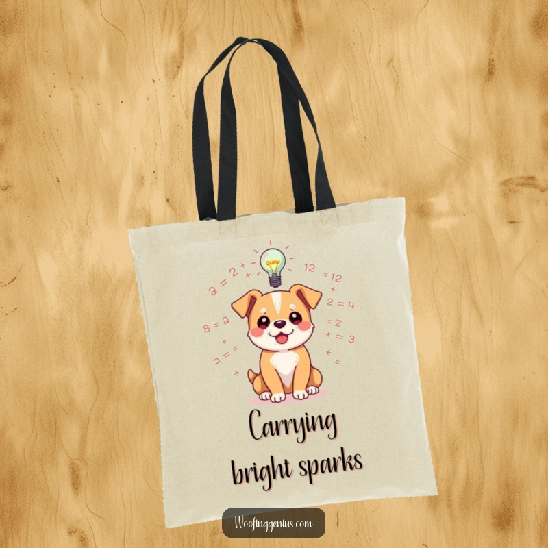 Funny dog tote bag with a dog surrounded by floating equations, a bright lightbulb above signifying an idea.