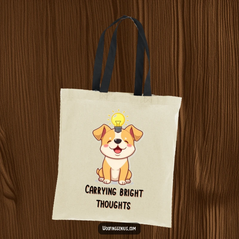 Funny tote bag featuring a dog with a glowing lightbulb above its head, representing a moment of inspiration and clever thought.