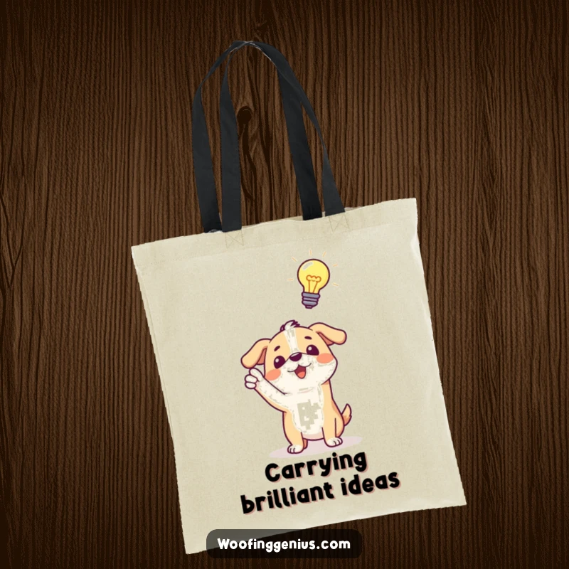 Funny tote bag: a dog excitedly pointing at a glowing lightbulb above its head, symbolizing a moment of inspired genius.