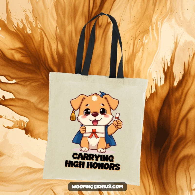 Funny dog diploma tote bag featuring a triumphant dog with a graduation cap and diploma, perfect for carrying books and brains.