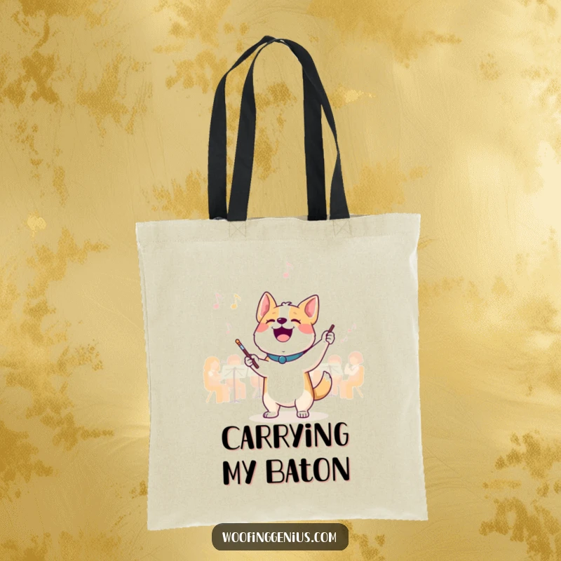 Funny conductor dog tote bag: a joyful dog leads an invisible orchestra with a tiny baton, perfect for carrying music essentials.