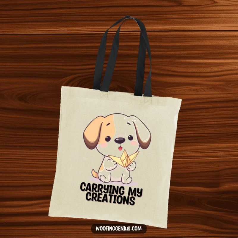 Funny origami dog tote bag: a proud dog presents a small, folded paper crane, perfect for carrying art supplies with style.
