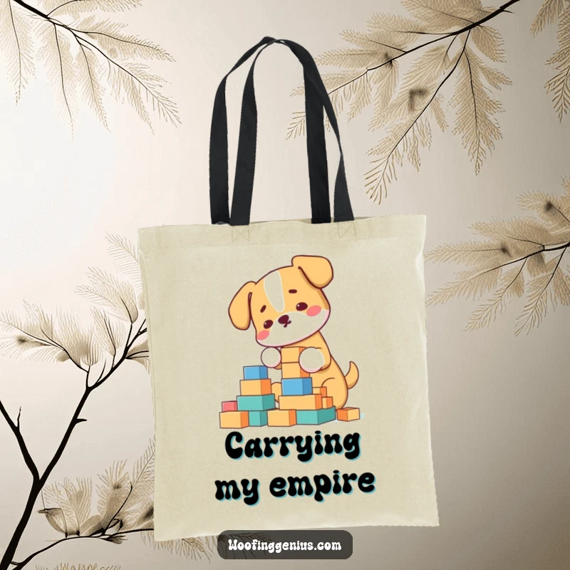 Funny Tote Bag: Dog meticulously stacking building blocks into a tall structure, a humorous and practical accessory.