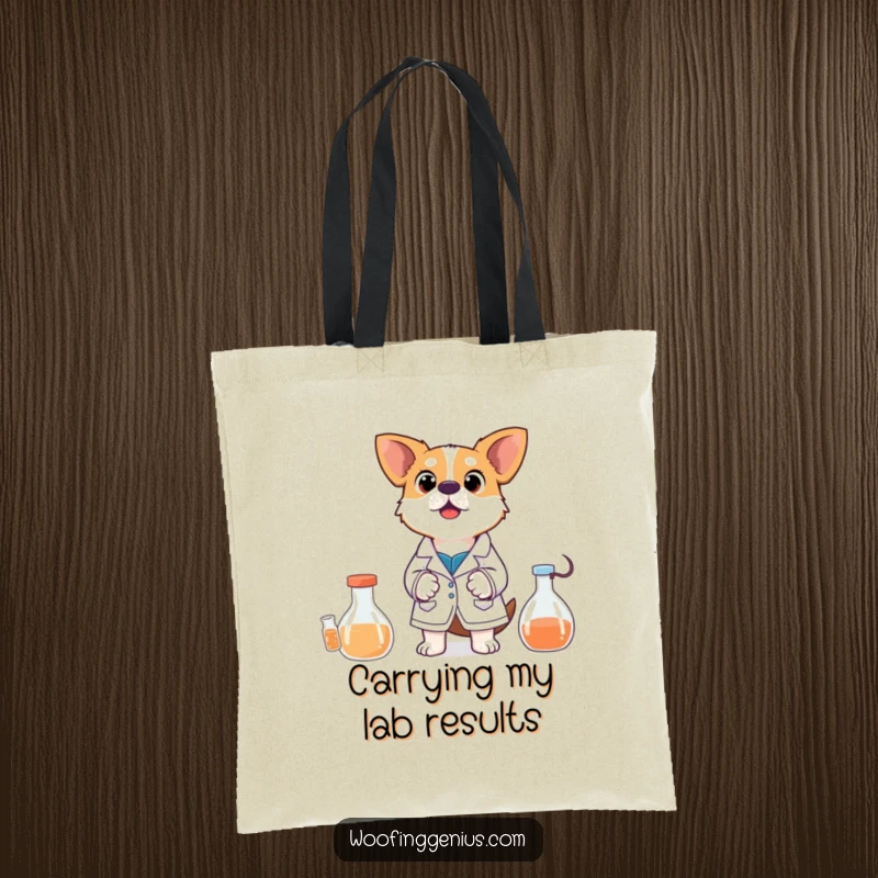 Funny Tote Bag: A dog in a lab coat shows wide-eyed surprise at a chaotic experiment, a humorous take on scientific discovery.