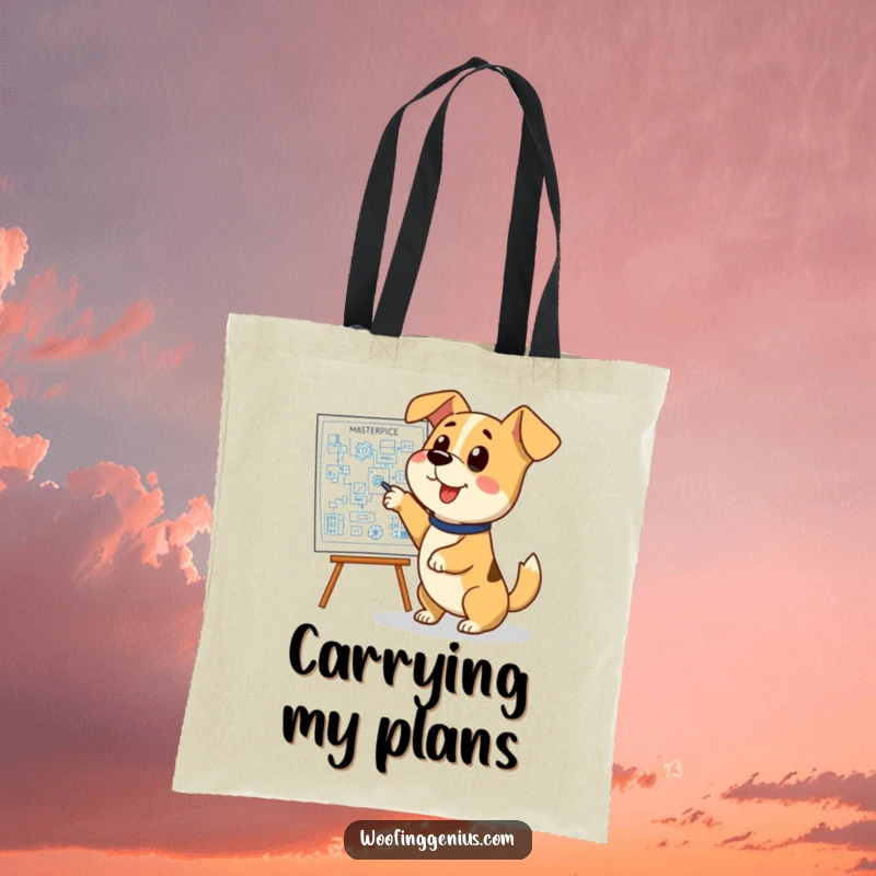 Funny dog blueprint tote bag, a dog excitedly pointing at a complex blueprint, ideal for carrying books and supplies.