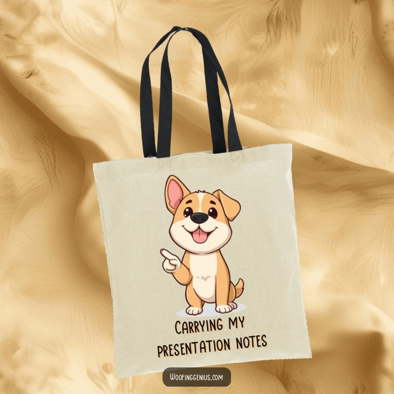 Funny dog confidently presenting with a miniature pointer, looking sharp and professional, a humorous tote bag.