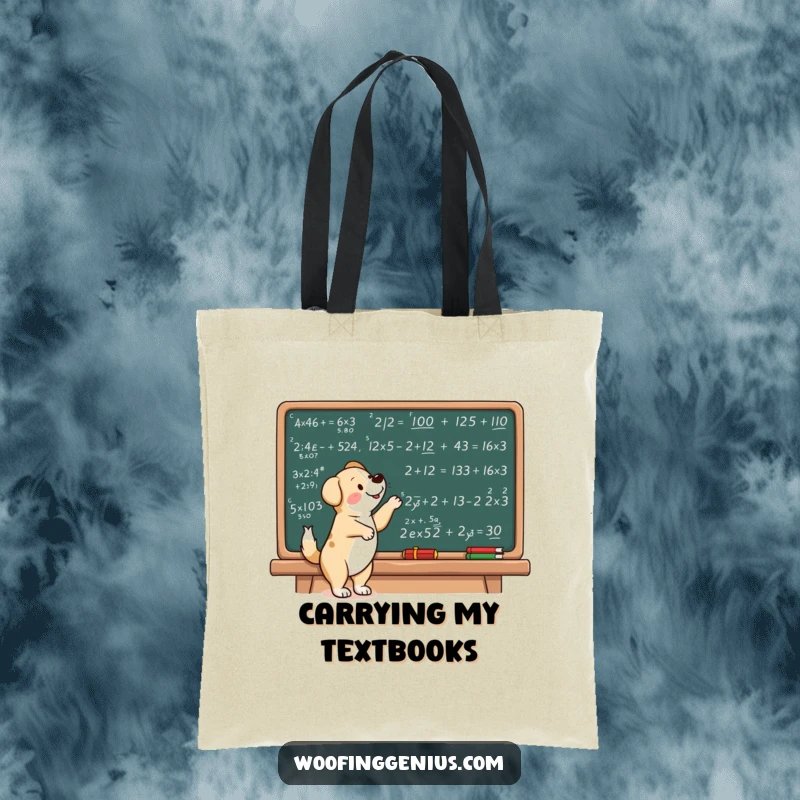 Funny dog tote bag showing a dog pointing at complex mathematical equations on a chalkboard.