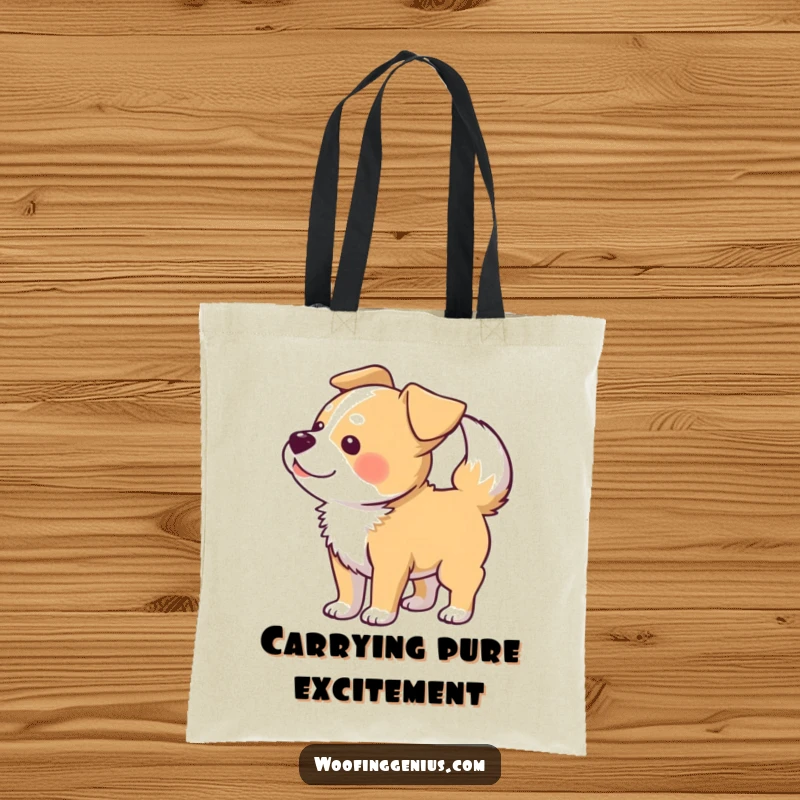 Funny tote bag with a dog wagging its tail so hard that its body creates a blur pattern.