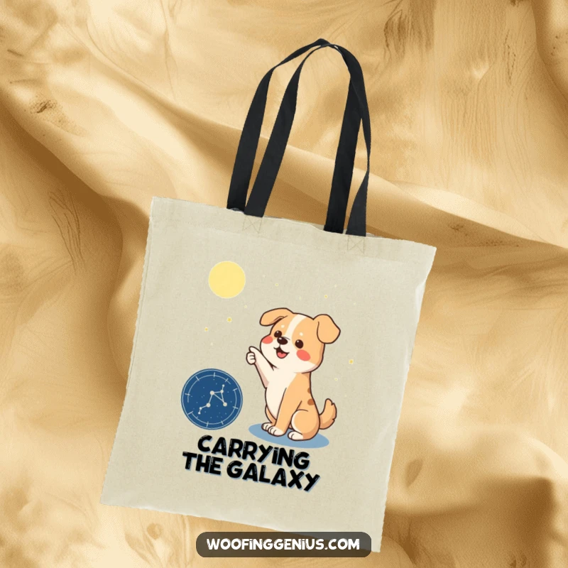 Funny tote bag showing a dramatic dog with a paw extended, pointing to a star chart displaying a specific constellation.
