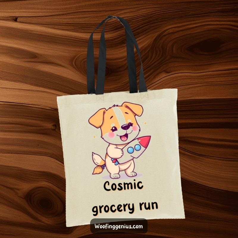 Funny dog tote bag featuring a dog with a eureka expression holding a miniature rocket ship.