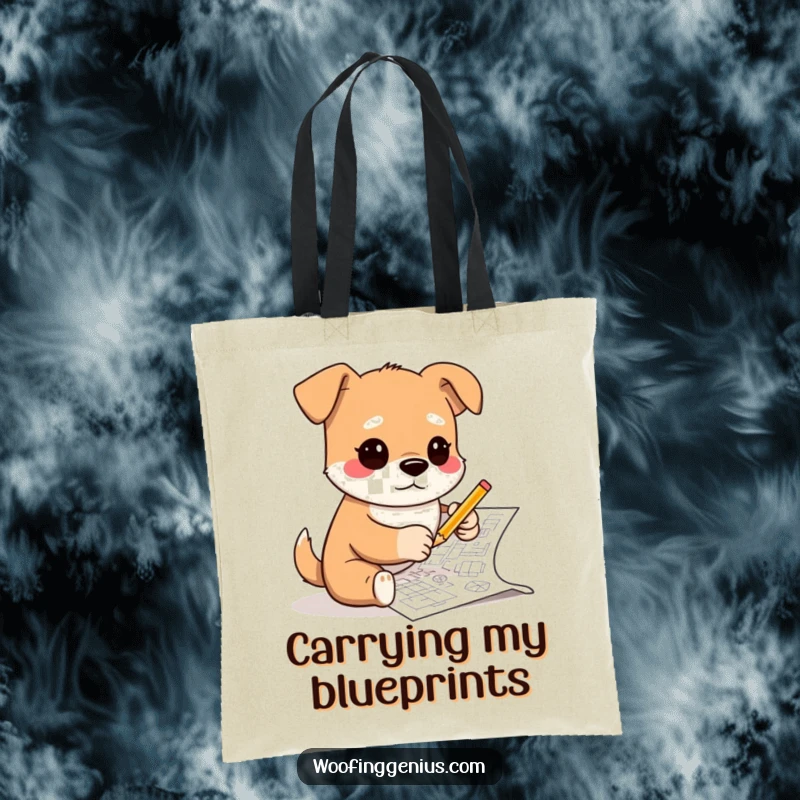 Funny tote bag with a dog wearing glasses and sketching complex blueprints with a tiny pencil, showcasing artistic talent and design skills.