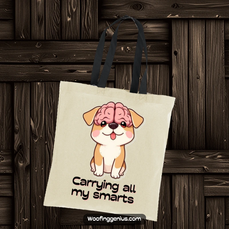 Funny tote bag with a dog whose comically large brain shape is peeking out from its head.