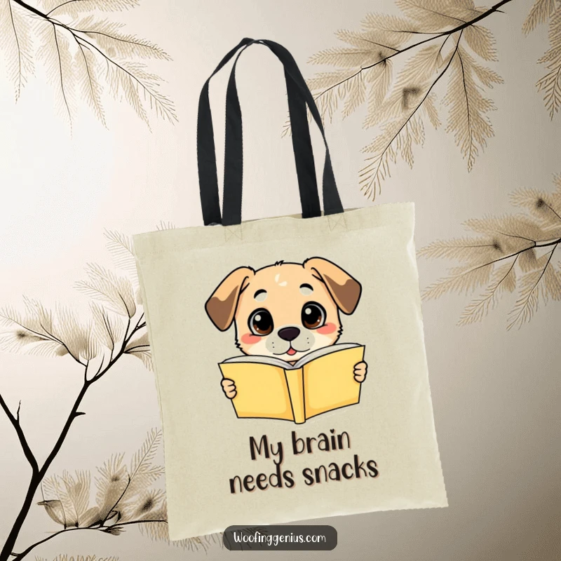 Funny tote bag: a dog looking incredibly smart holding an open book, eyes wide with the thrill of understanding.