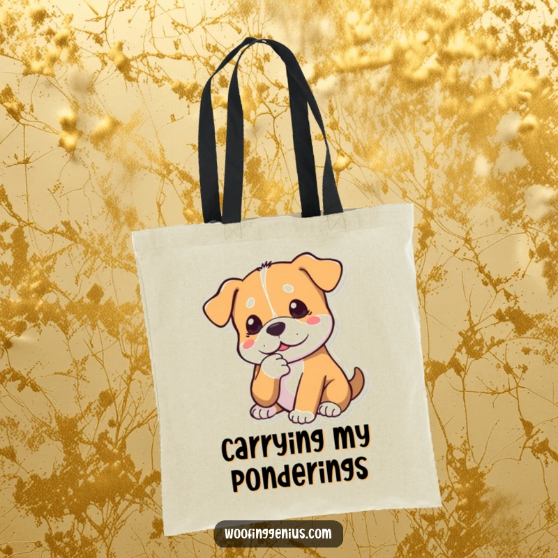 Funny dog tote bag with a dog tapping its chin thoughtfully, conveying deep contemplation. Practical and humorous.