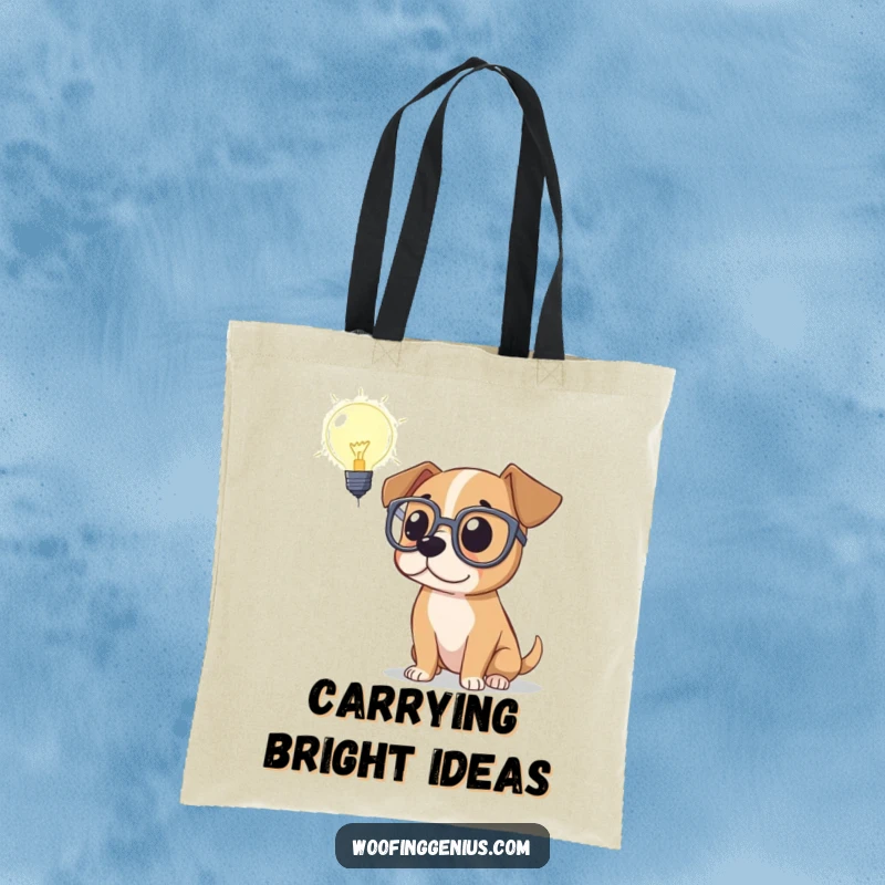 Funny tote bag illustration of a dog in spectacles staring at a glowing lightbulb, representing a moment of bright, comical inspiration.