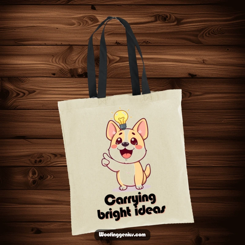 Funny Dog Tote Bag with a lightbulb above a dog's head, excitedly pointing, signifying a great idea and playful spirit.