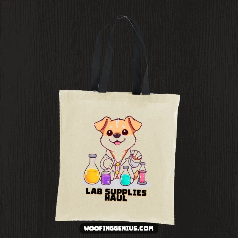 Funny dog tote bag showing a dog in a lab coat mixing colorful liquids with a smile.