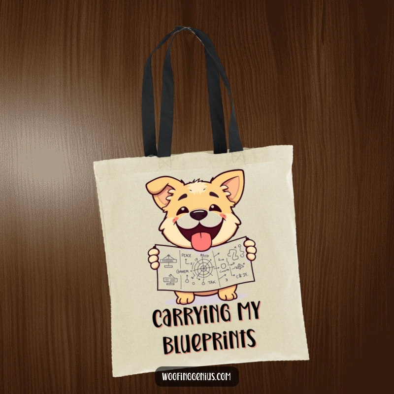 Funny dog tote bag with a dog proudly holding a complex diagram, grinning victoriously. Smart and practical.