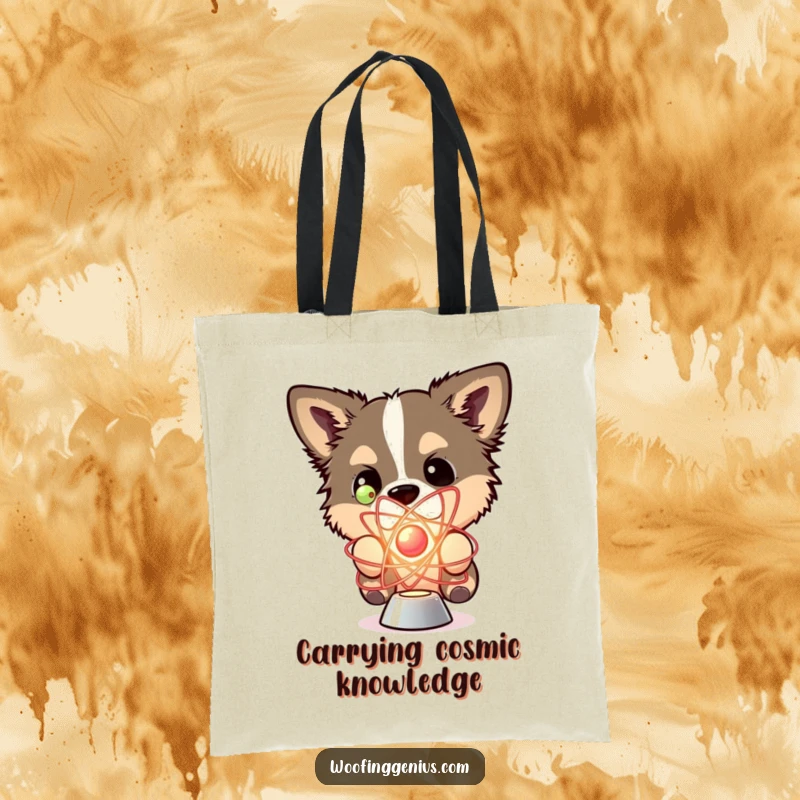 Funny tote bag with a dog curiously looking at a spinning atom model.
