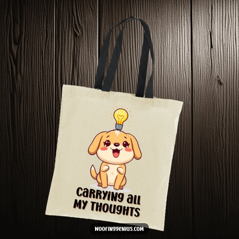 Funny dog tote bag featuring a dog with a lightbulb above its head, signifying a great idea.