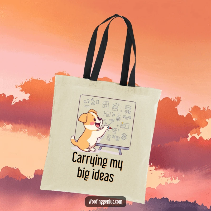 Funny dog drawing complex diagrams on a whiteboard, on a stylish tote bag.