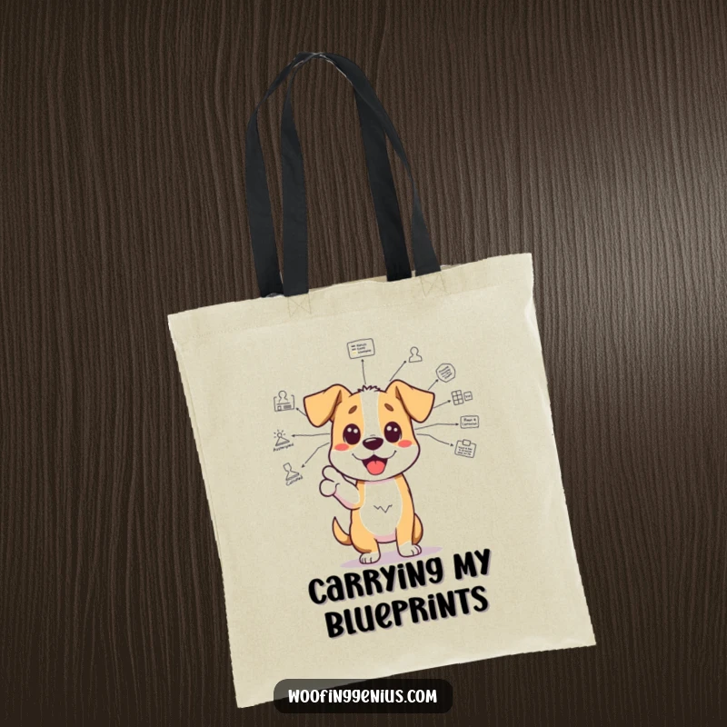 Funny genius dog tote bag: an excited dog points to a complex diagram, perfect for carrying smart essentials with humor.