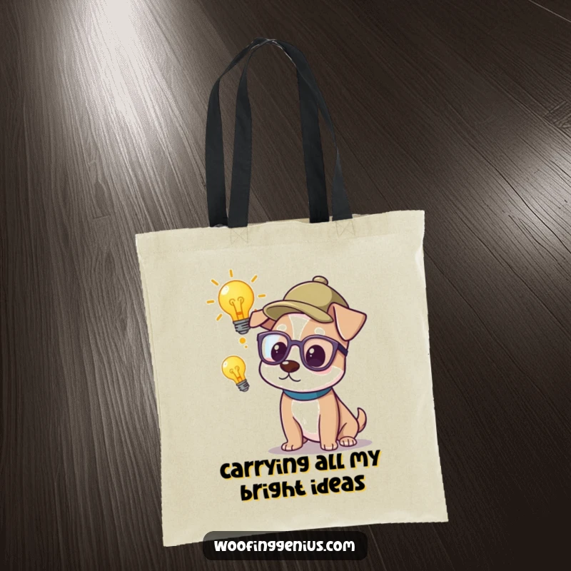 Funny Tote Bag: A dog sporting glasses and a thinking cap ponders a lightbulb, a symbol of intelligence and bright ideas.