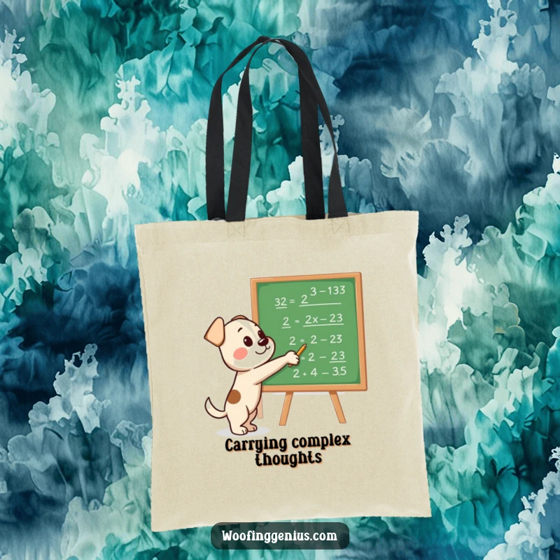Funny tote bag with a dog pointing at a blackboard covered in various complex mathematical equations and scientific formulas.