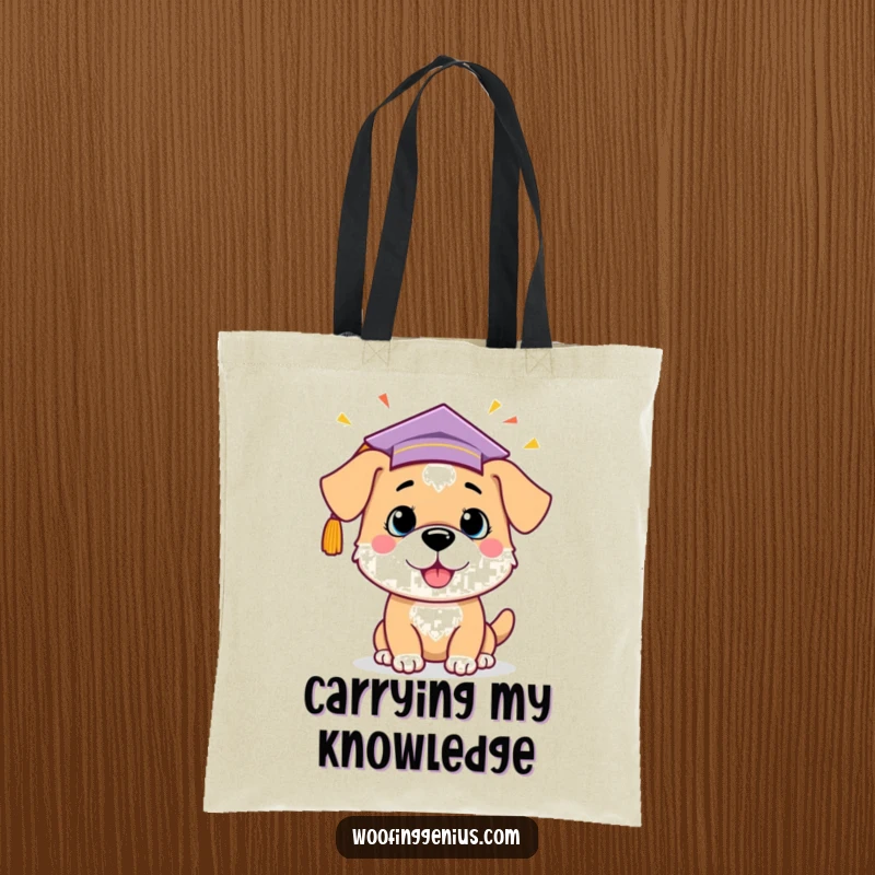 Funny dog in a graduation cap, celebrating an idea, on a tote bag, for carrying books and brilliance.