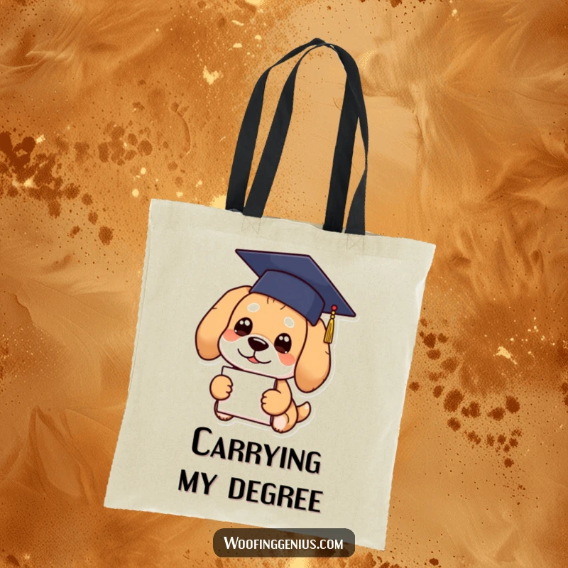 Funny Graduation Dog Tote Bag featuring a dog in a graduation cap with a diploma.