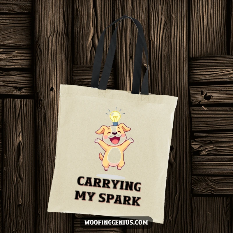 Funny tote bag with an excited dog bouncing with a glowing lightbulb above its head.