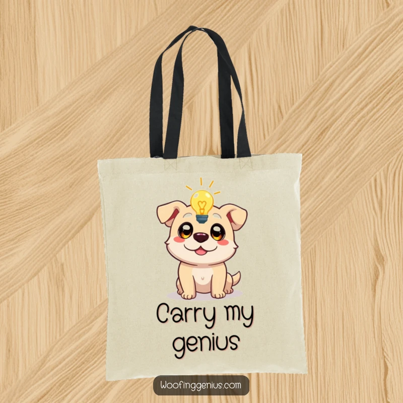Funny tote bag with a dog character experiencing a lightbulb moment, eyes wide with inspiration, perfect for carrying ideas and essentials.