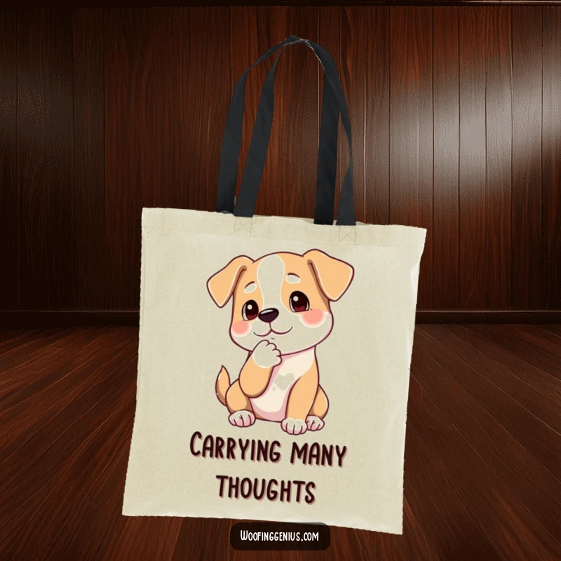 Funny tote bag featuring a dog thoughtfully stroking its chin with a paw, symbolizing profound thought and intellectual musing.