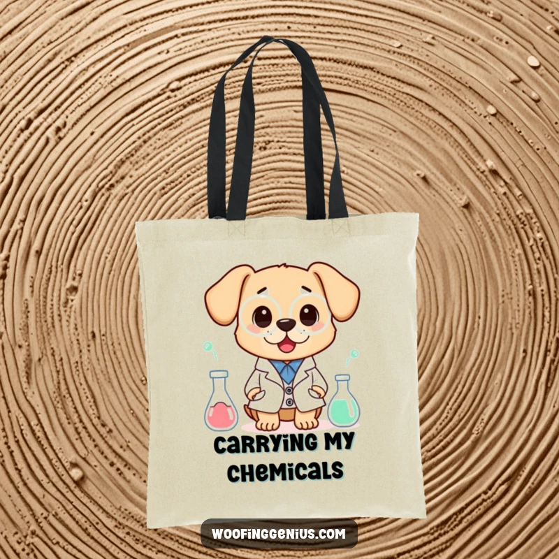 Funny tote bag with a dog in a lab coat looking surprised by a scientific experiment, perfect for carrying items with a humorous touch.